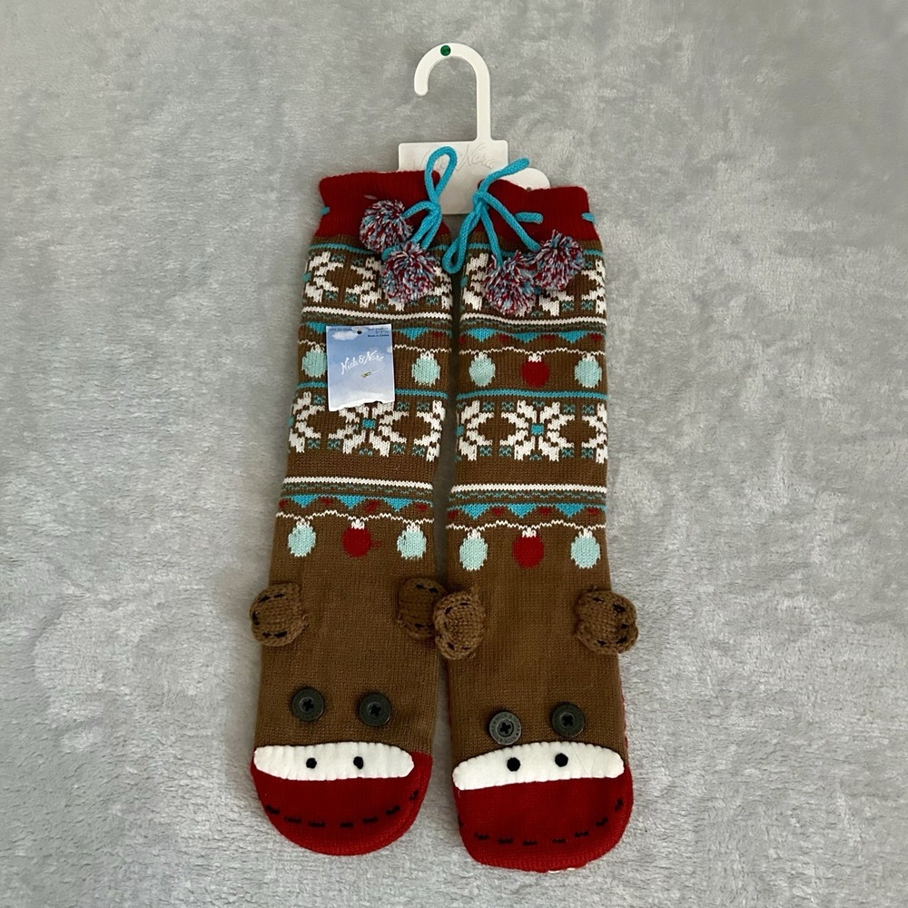 Nick & Nora Sock Monkey Slipper Socks S/M (5-7.5) Fair Isle Nordic Christmas NWT